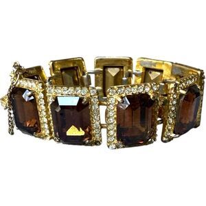 BELLINI Vintage Signed Gold Tone Rhinestone Emerald Cut Brown Crystal Statement